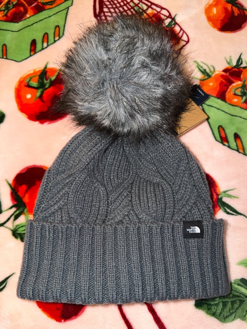 The North Face Youth Kids Oh Mega Vanadis Grey Faux Fur Pom Beanie Hat NEW